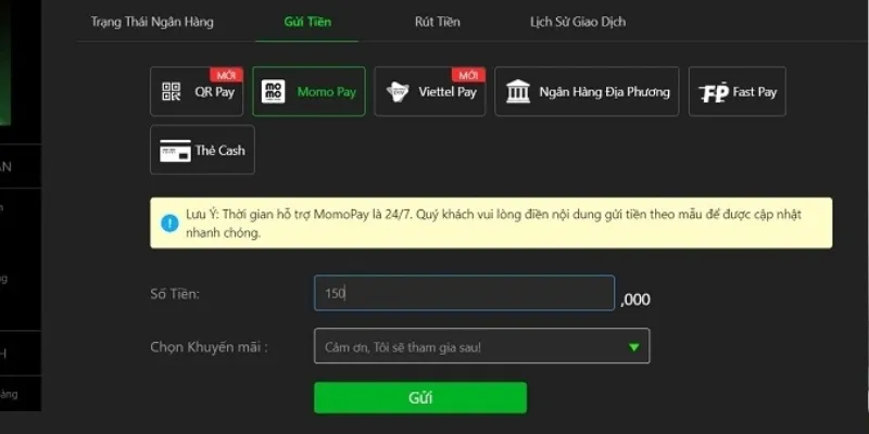 Có nhiều phương thức nạp tiền đa dạng cho anh em thỏa sức khám phá