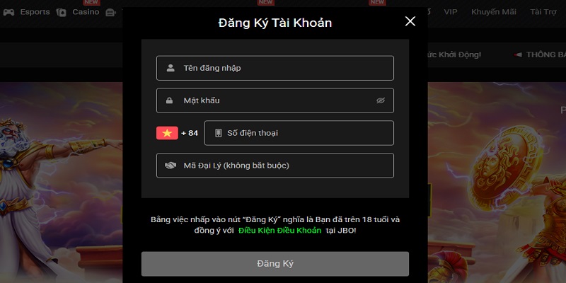 Điền thông tin đăng ký JBO